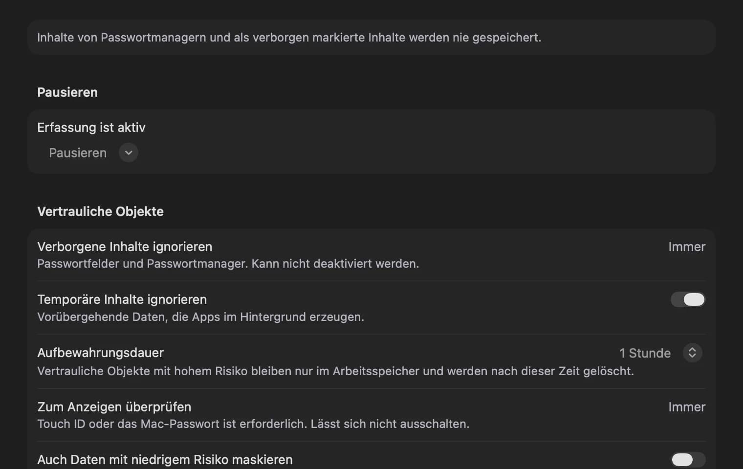 Der Datenschutz-Tab des Einstellungsfensters mit Pause-, Übergangs- und Optionen für sensible Daten.