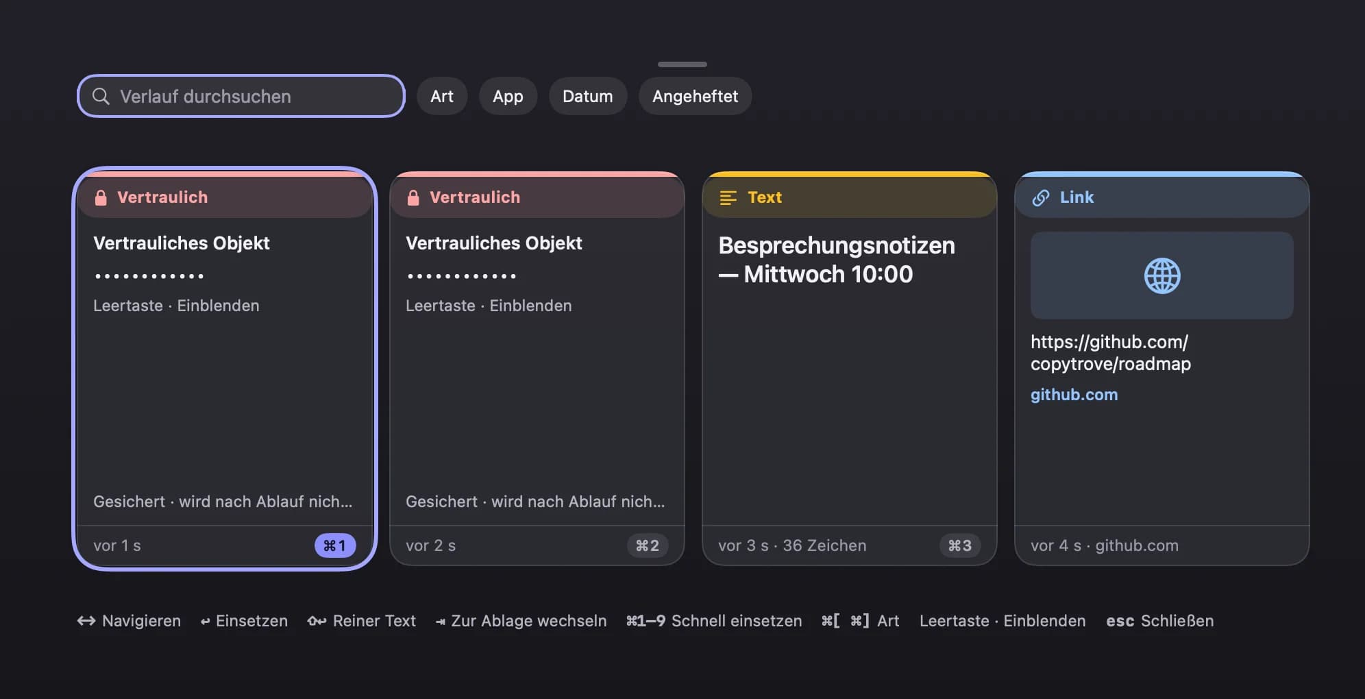 Bei maskierten Daten mit geringem Risiko erscheinen Beispiel-Kartennummern und IBANs als maskierte, sensible Karten.