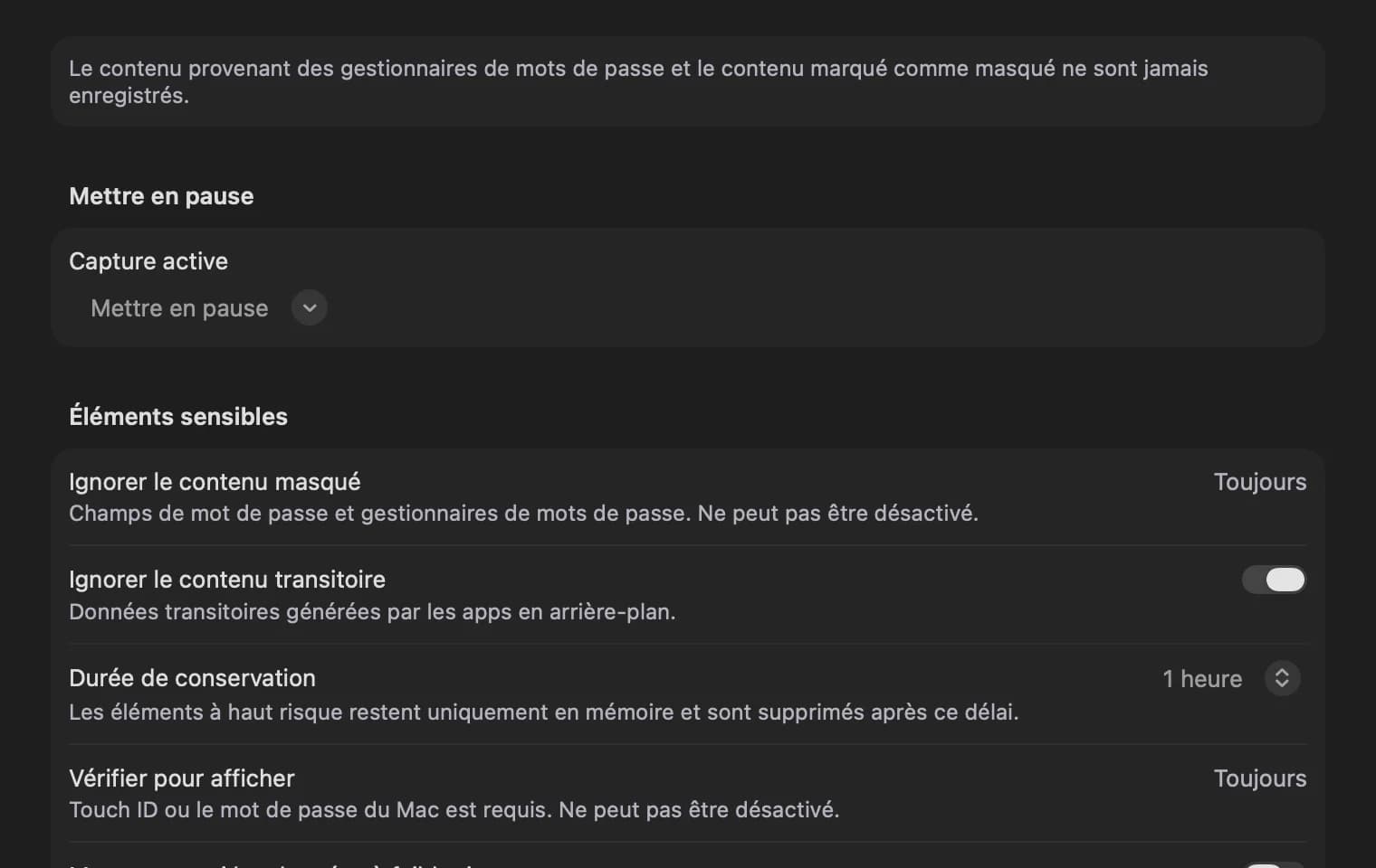 L'onglet Confidentialité de la fenêtre des réglages, avec pause, contenu transitoire et options de données sensibles.