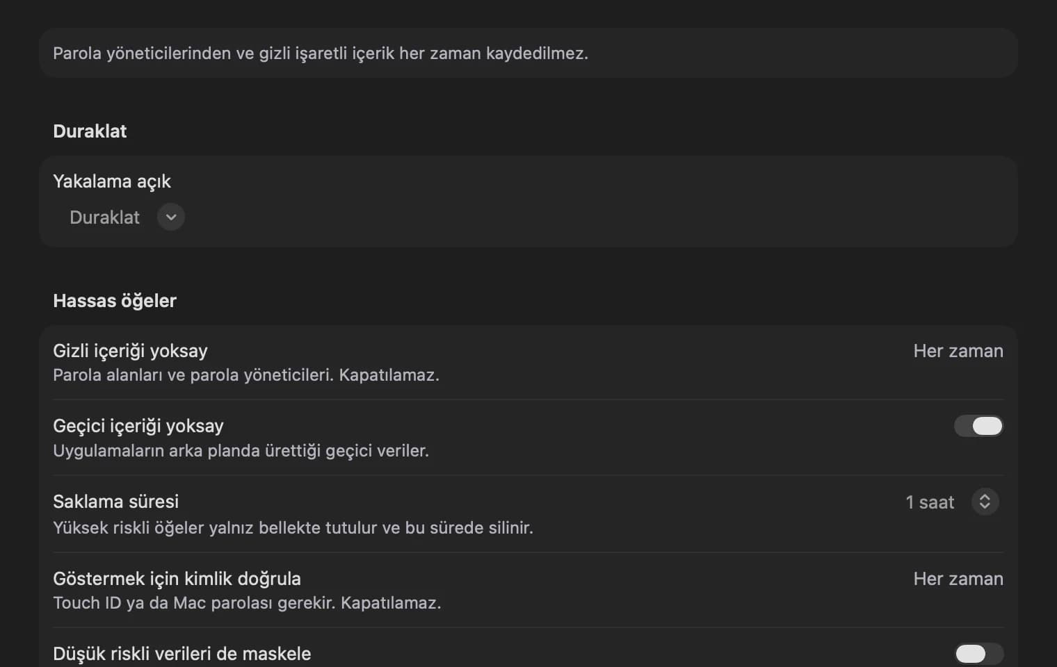 Ayarlar penceresinin Gizlilik sekmesi; duraklatma, geçici içerik ve hassas veri seçenekleri.