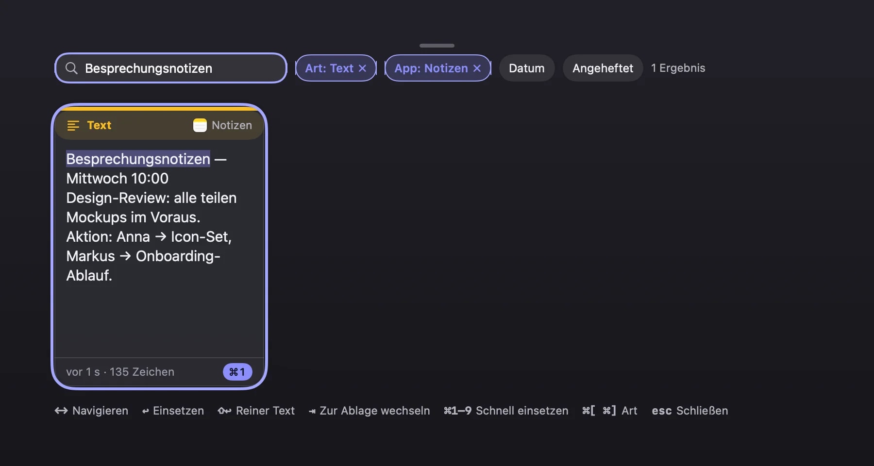 Eine Suchanfrage mit aktiven Filter-Chips für Typ und App, die das Ergebnis auf eine einzelne Karte eingrenzen.