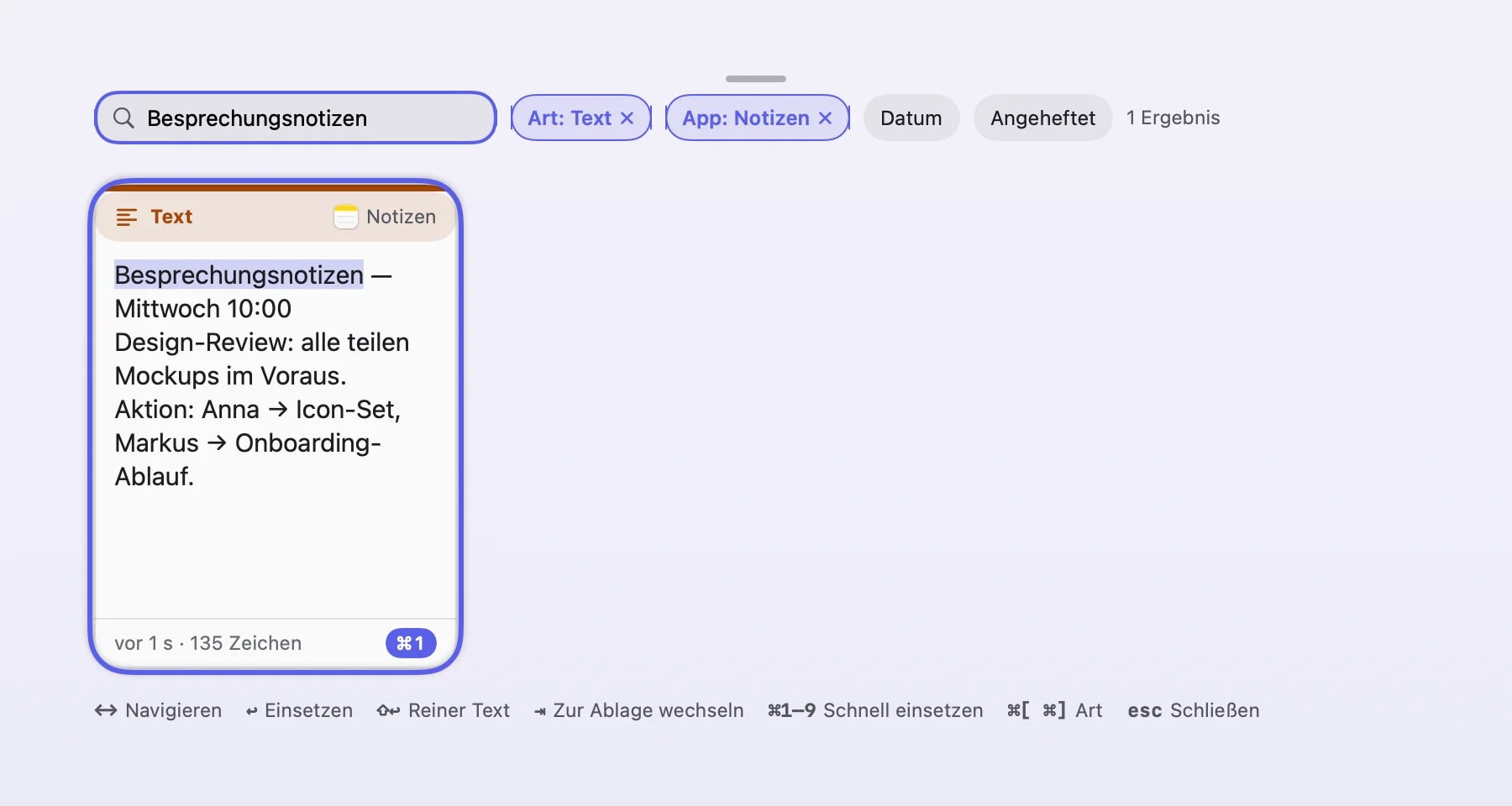 Eine Suchanfrage mit aktiven Filter-Chips für Typ und App, die das Ergebnis auf eine einzelne Karte eingrenzen.