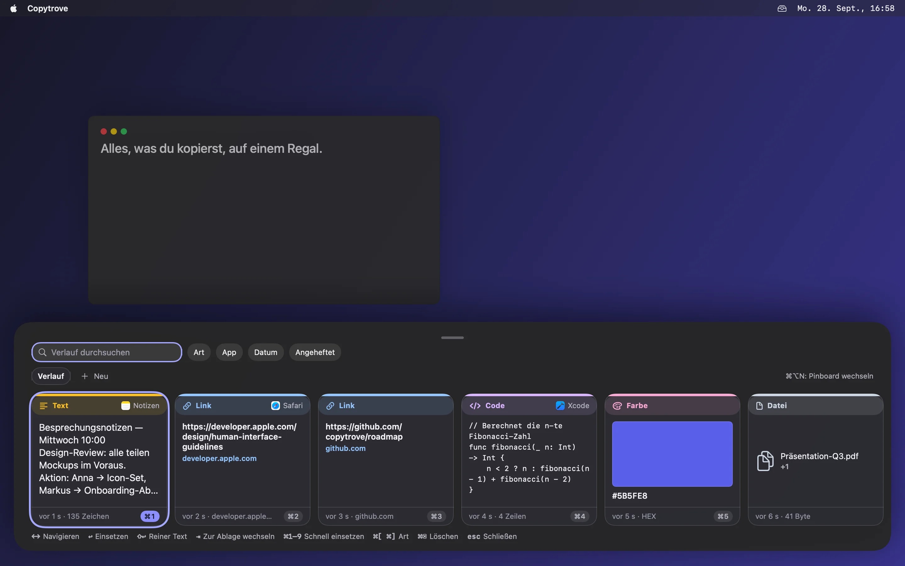 Copytrove-Regal-Panel mit Text-, Link-, Code-, Farb-, Datei- und Rich-Text-Karten nebeneinander