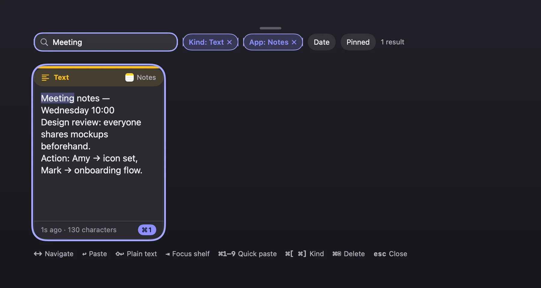 A search query with active Kind and App filter chips narrowing the result down to a single card.