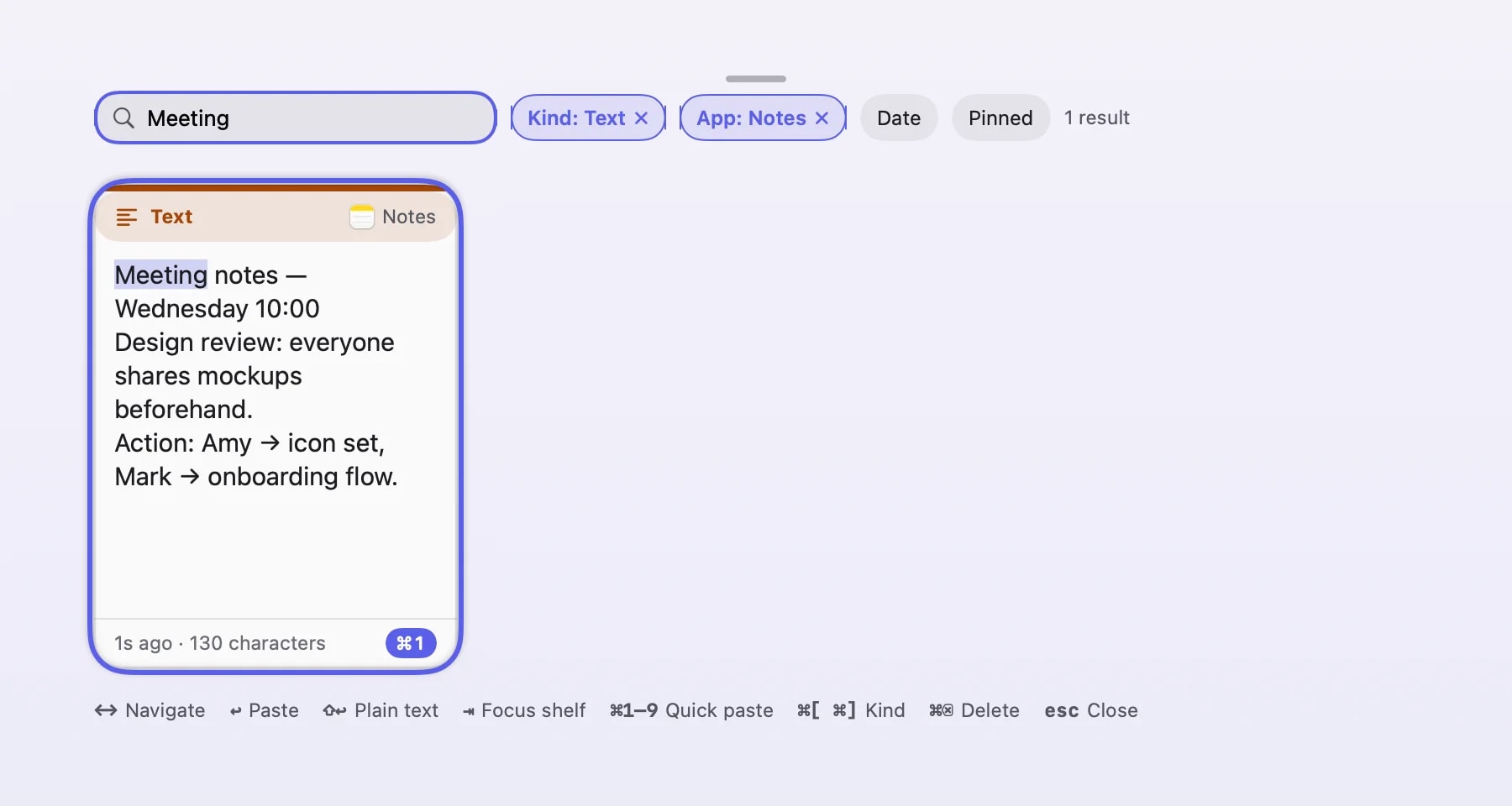A search query with active Kind and App filter chips narrowing the result down to a single card.