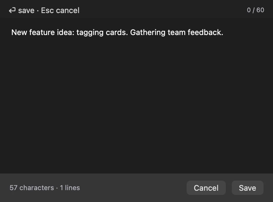 The text editor window editing a card's content in place, with Save and Cancel controls.