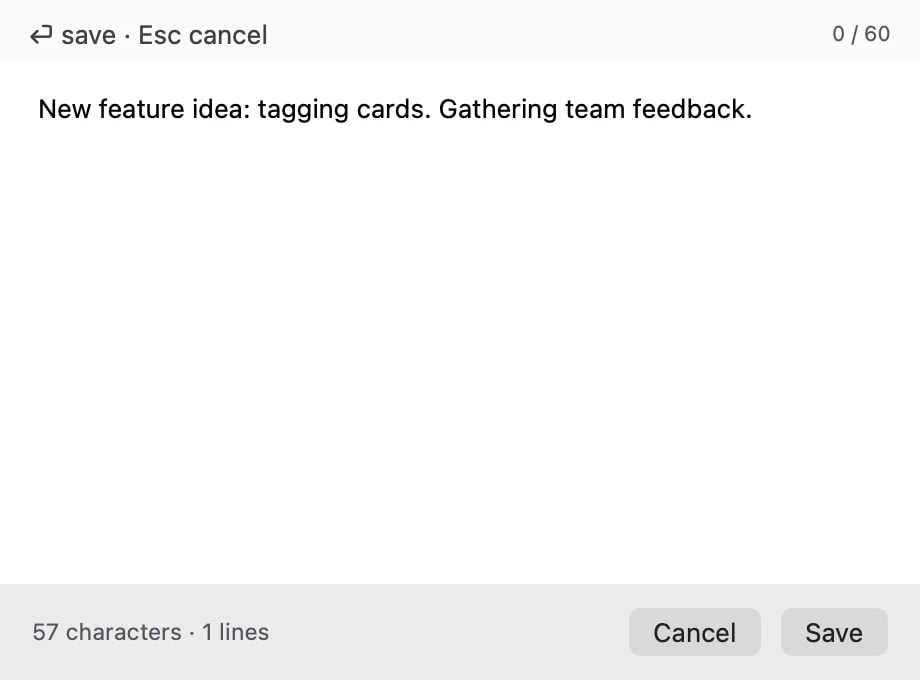 The text editor window editing a card's content in place, with Save and Cancel controls.