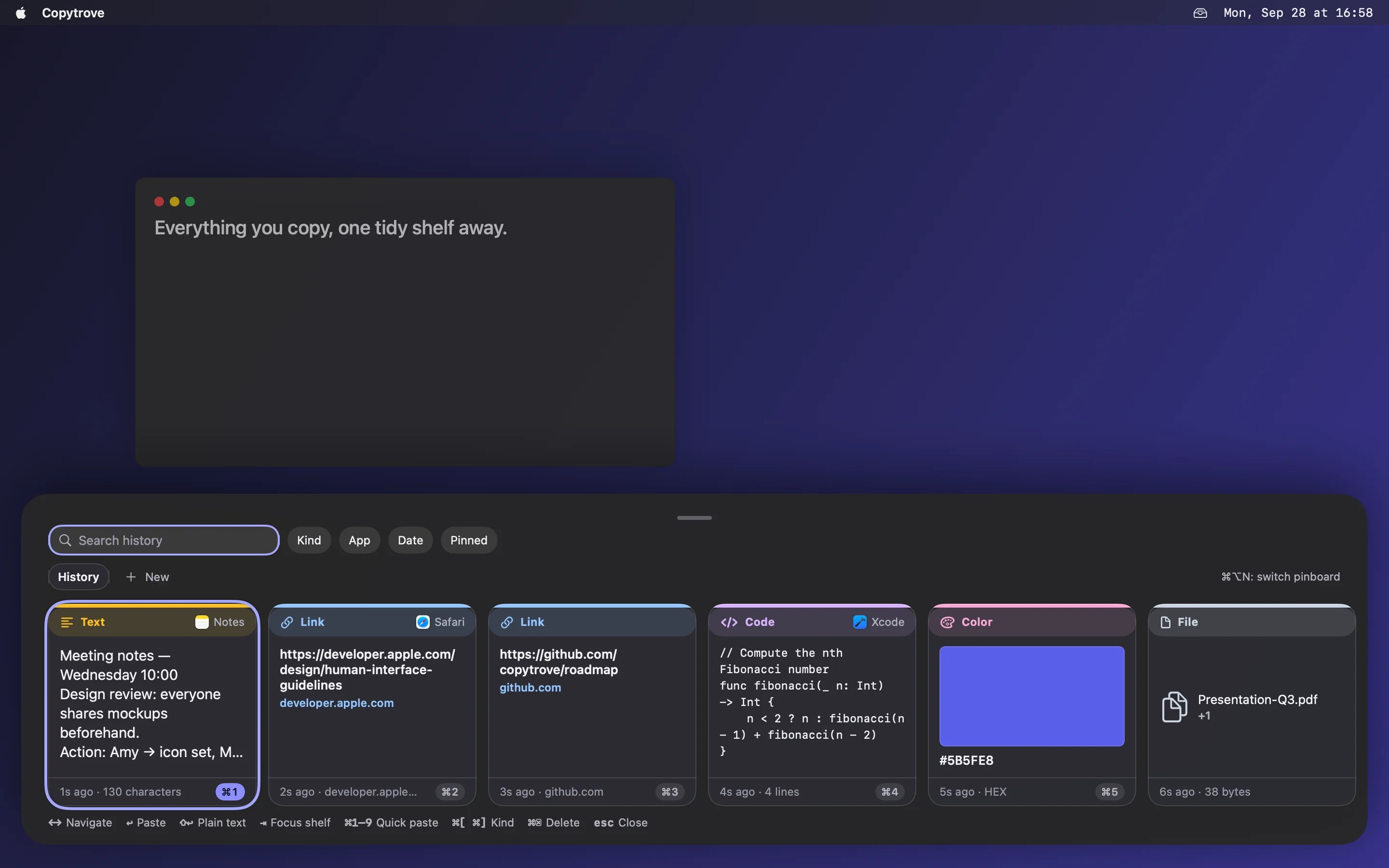 Copytrove's shelf panel showing text, link, code, color, file and rich-text cards side by side
