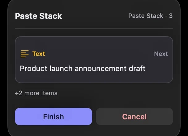 The Paste Stack floating indicator showing three items queued in order while collecting.