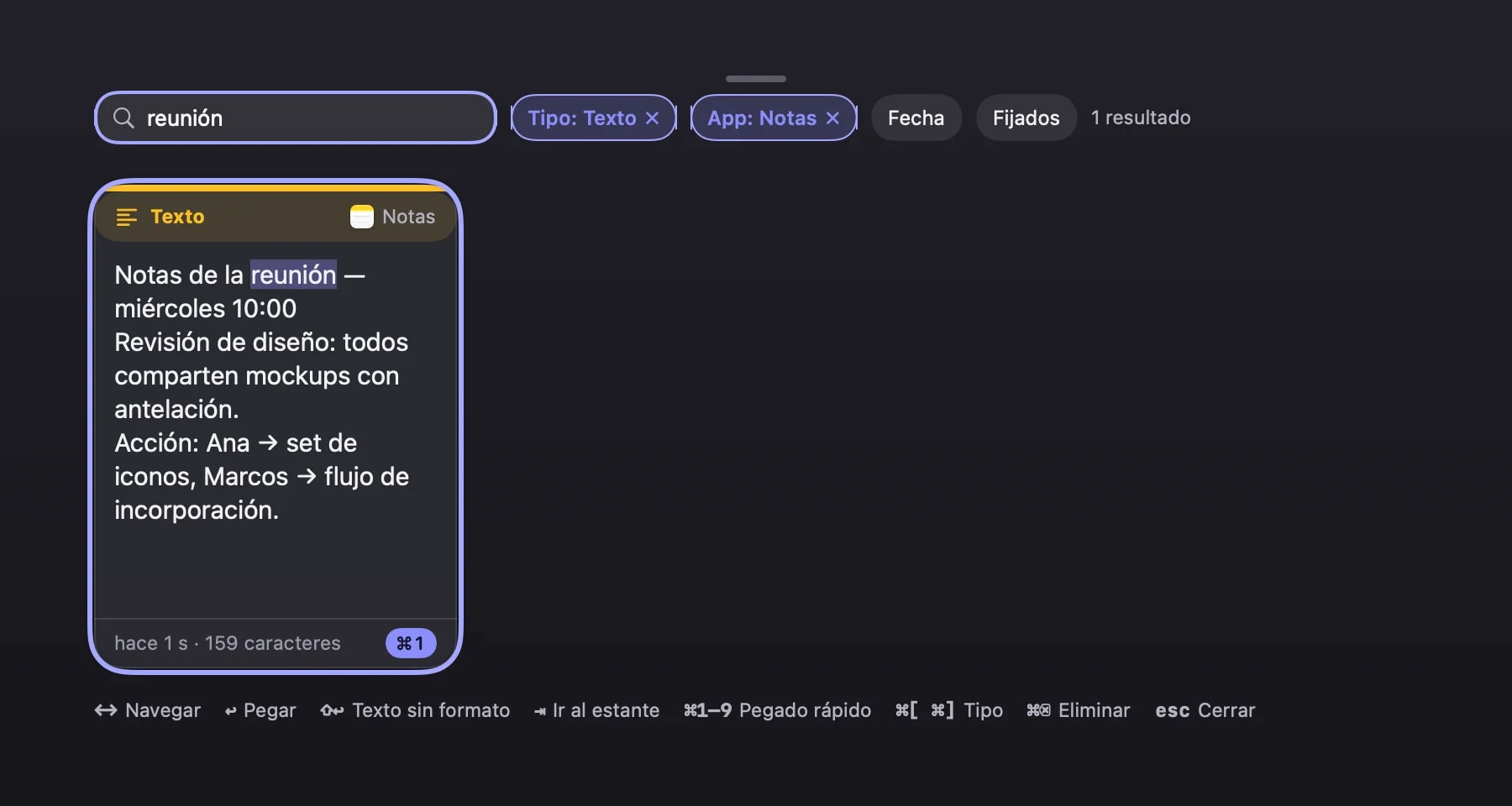 Una búsqueda con chips de filtro de Tipo y App activos que acotan el resultado a una sola tarjeta.