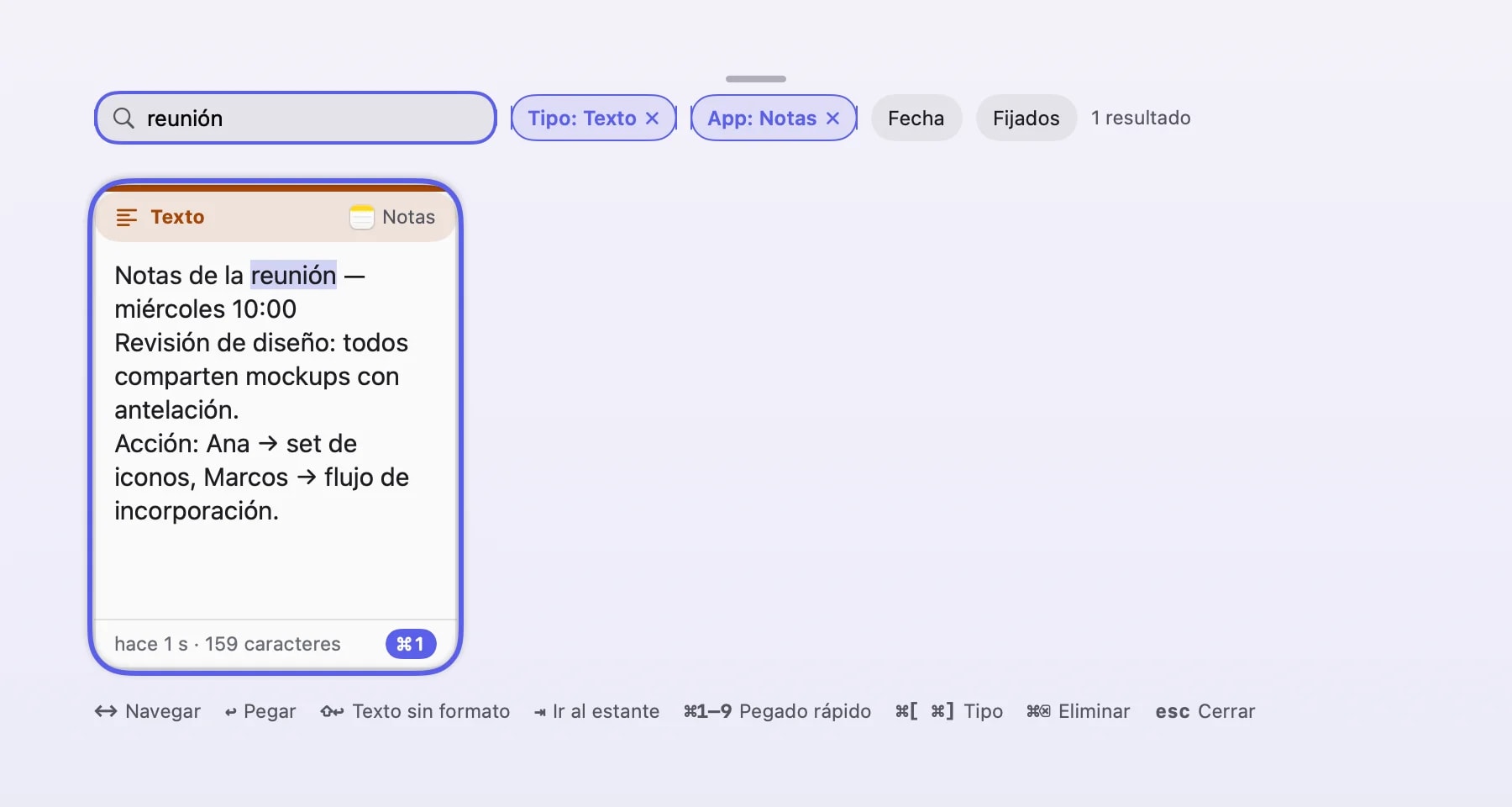 Una búsqueda con chips de filtro de Tipo y App activos que acotan el resultado a una sola tarjeta.