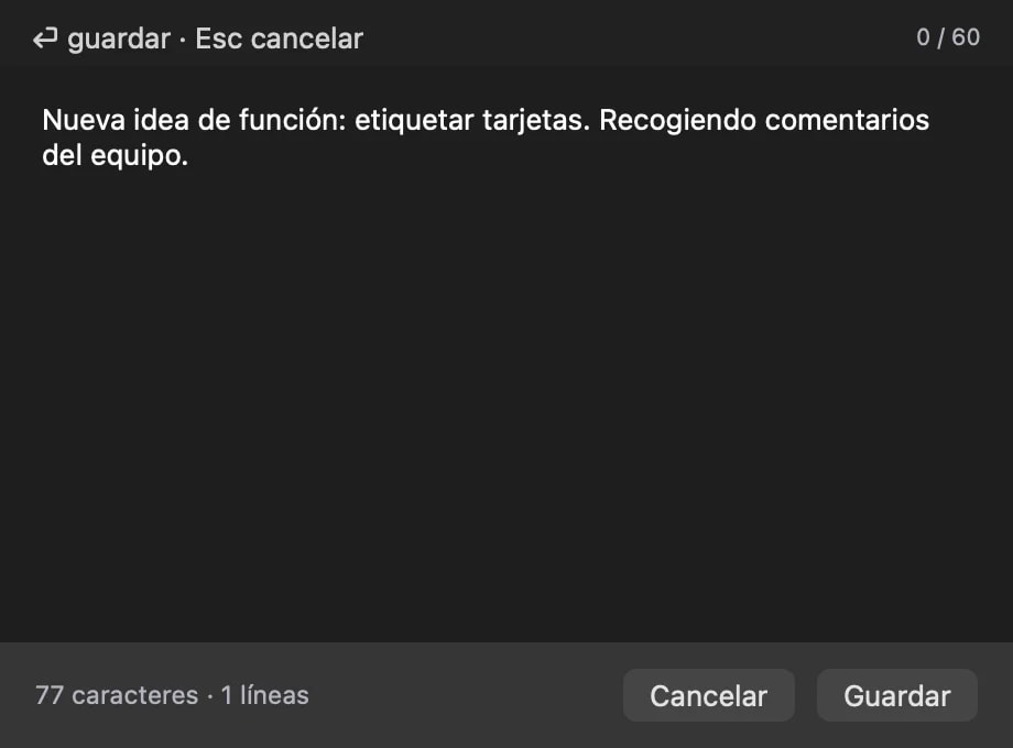 La ventana del editor de texto editando el contenido de una tarjeta en el sitio, con controles de Guardar y Cancelar.