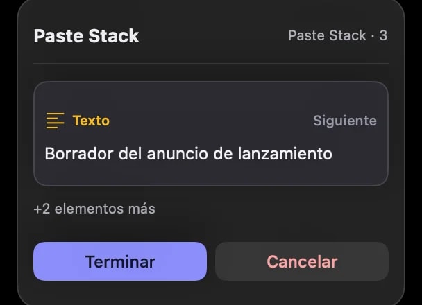 El indicador flotante de Paste Stack mostrando tres elementos en cola en orden mientras se recopilan.