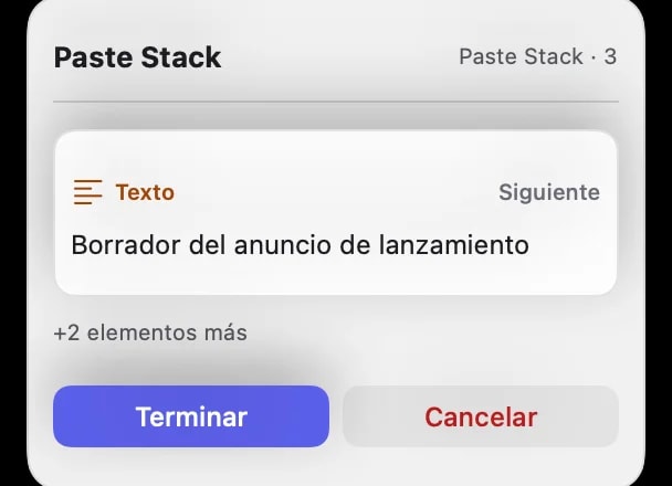 El indicador flotante de Paste Stack mostrando tres elementos en cola en orden mientras se recopilan.