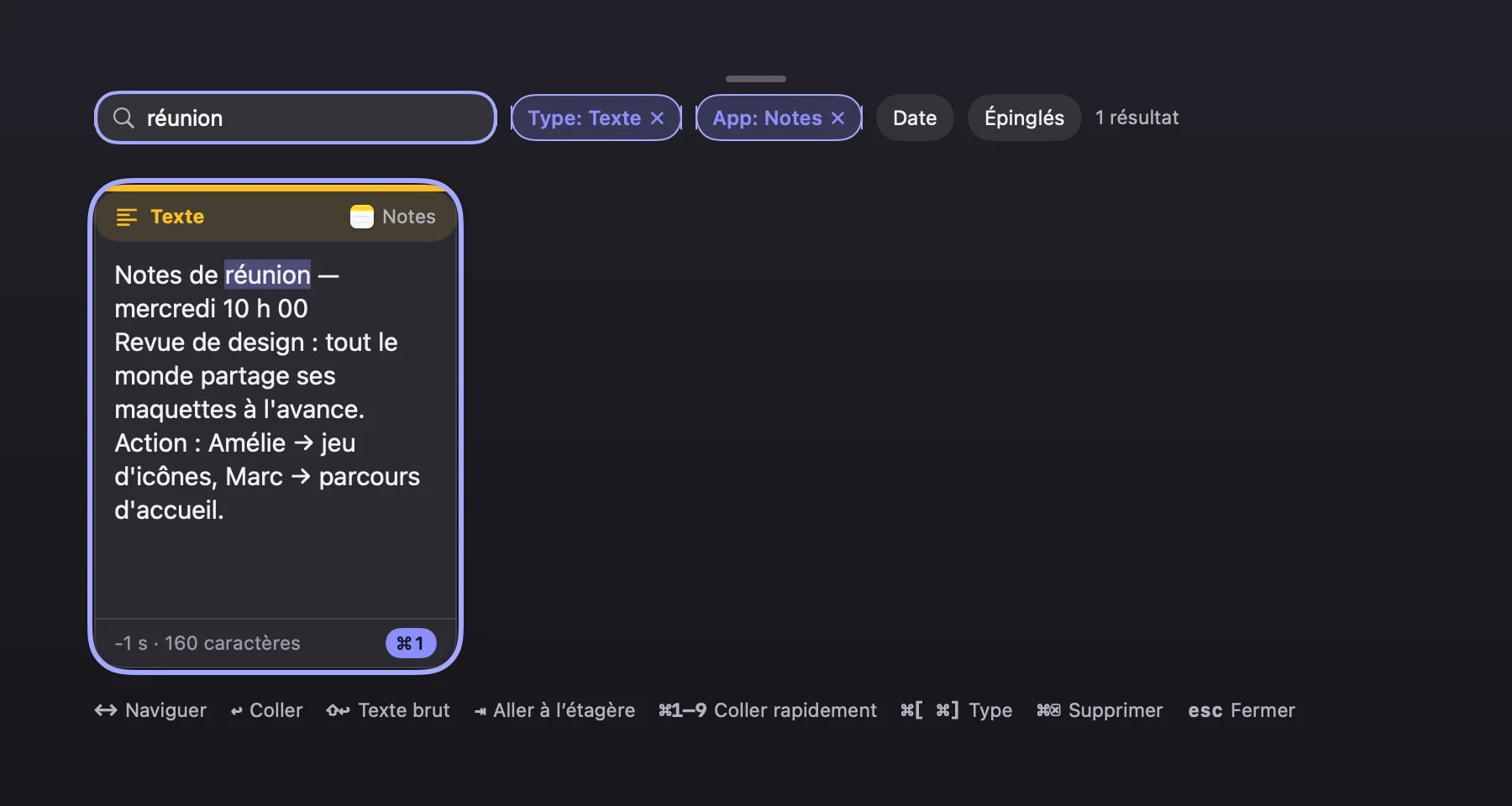 Une requête de recherche avec des puces de filtre Type et App actives qui réduisent le résultat à une seule carte.