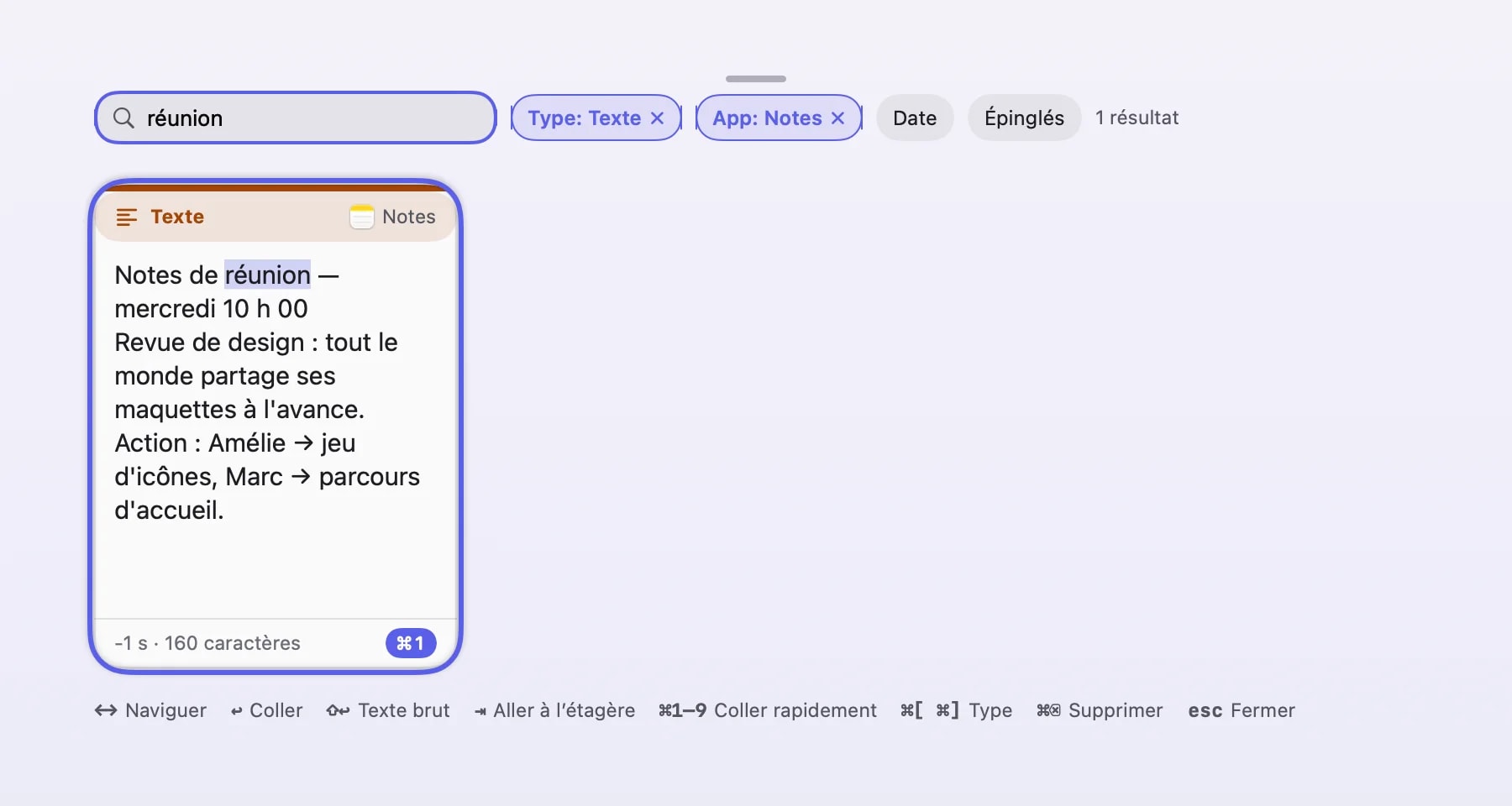 Une requête de recherche avec des puces de filtre Type et App actives qui réduisent le résultat à une seule carte.