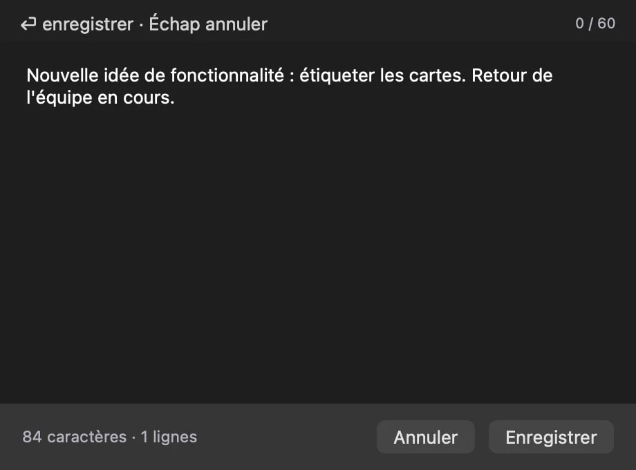 La fenêtre de l'éditeur de texte modifiant le contenu d'une carte sur place, avec les commandes Enregistrer et Annuler.