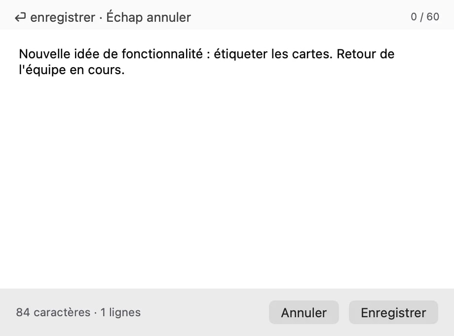 La fenêtre de l'éditeur de texte modifiant le contenu d'une carte sur place, avec les commandes Enregistrer et Annuler.