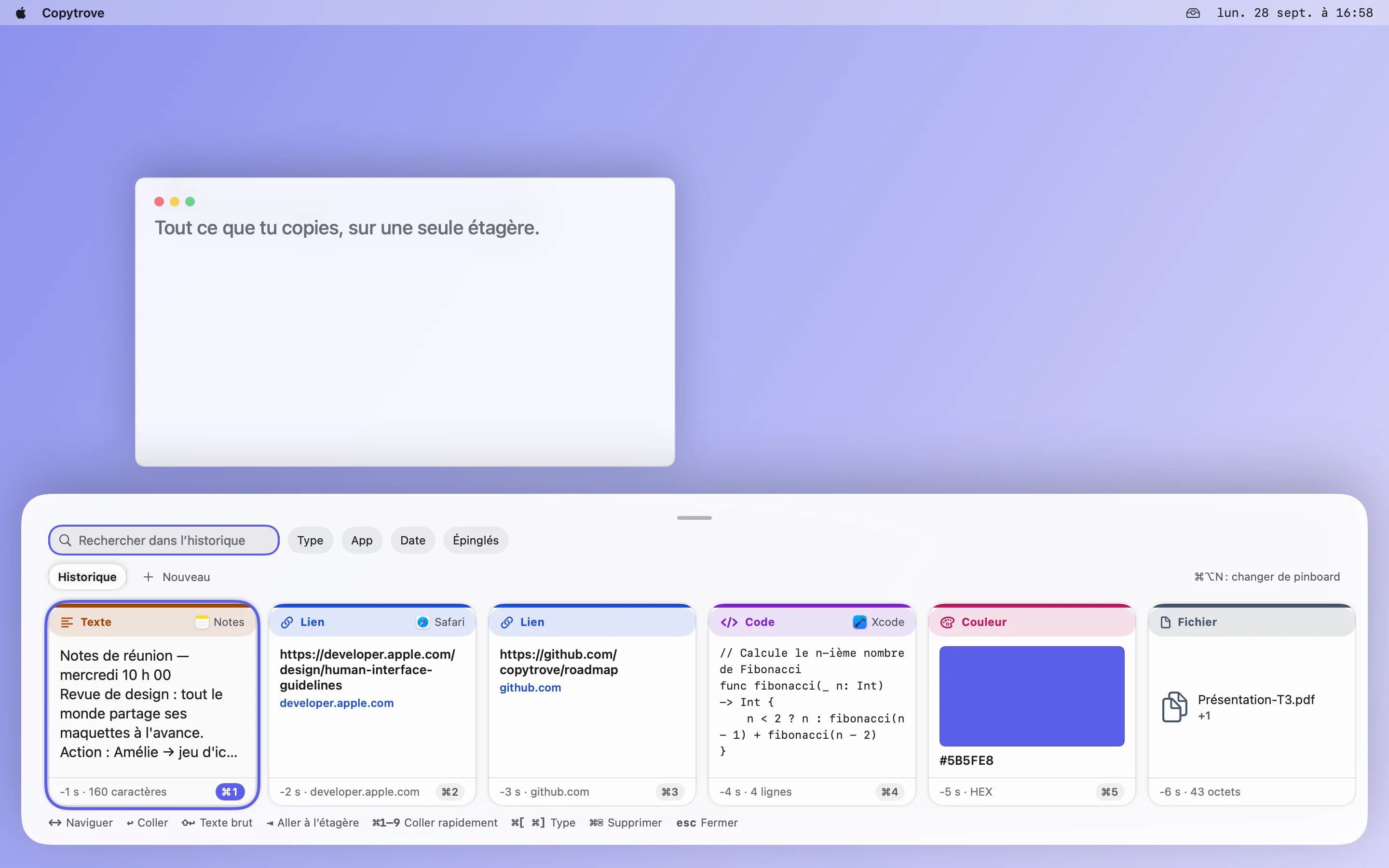 Le panneau étagère de Copytrove montrant des cartes de texte, lien, code, couleur, fichier et texte enrichi côte à côte