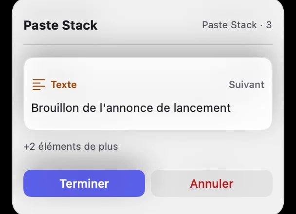 L'indicateur flottant Paste Stack montrant trois éléments mis en file dans l'ordre pendant la collecte.