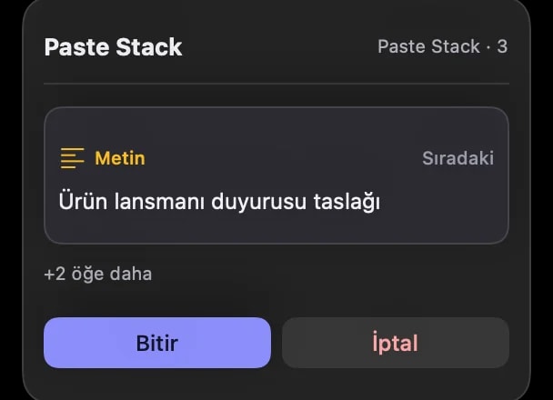 Paste Stack yüzen penceresi, toplama modunda sırayla eklenmiş 3 öğeyi gösteriyor.