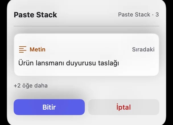 Paste Stack yüzen penceresi, toplama modunda sırayla eklenmiş 3 öğeyi gösteriyor.
